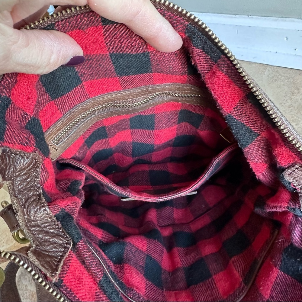 Liebeskind Berlin Brown Leather Buffalo Plaid Lining Slouchy Hobo Crossbody​​ - Picture 3 of 6